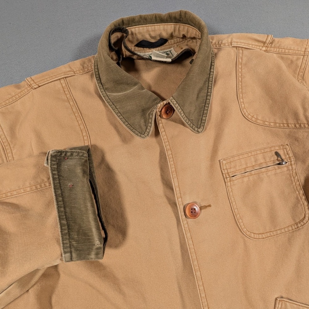 LL Bean Field Barn Coat Mens Large Tan Canvas Corduroy Trim Jacket 0JV93 Vintage